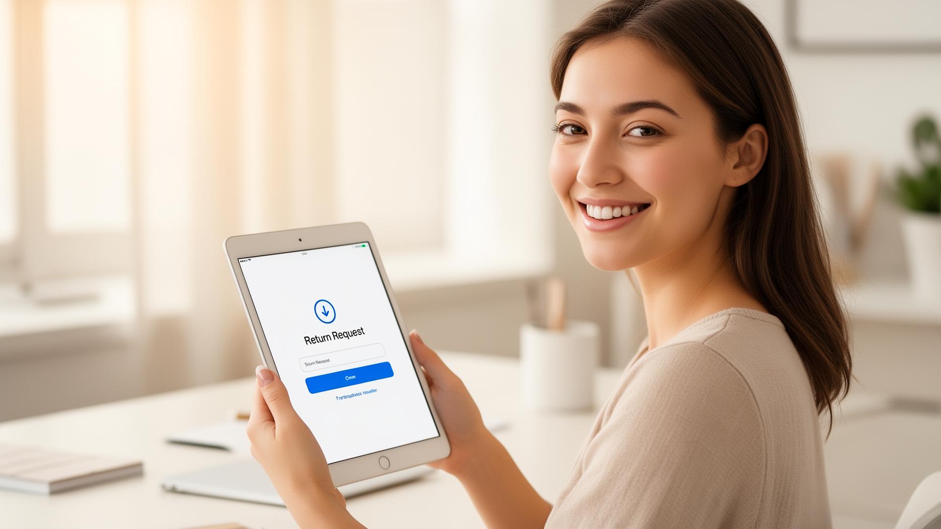 Donna felice che gestisce un reso in automatico dal tablet